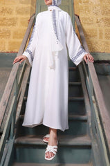 White Embroidered Abaya – Front Open Luxe Nidha Fabric