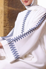 White Embroidered Abaya – Front Open Luxe Nidha Fabric