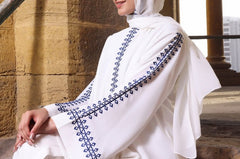 White Embroidered Abaya – Front Open Luxe Nidha Fabric