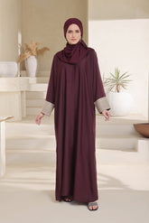 Elegant Maroon Front Open Abaya with Embroidered Sleeves & Matching Hijab