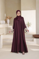 Elegant Maroon Front Open Abaya with Embroidered Sleeves & Matching Hijab