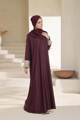 Elegant Maroon Front Open Abaya with Embroidered Sleeves & Matching Hijab