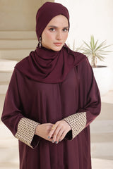 Elegant Maroon Front Open Abaya with Embroidered Sleeves & Matching Hijab