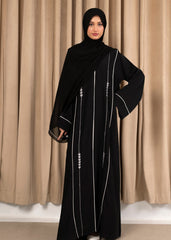Layali – Black Open-Front Abaya with Intricate White Embroidery on Premium Nidha Fabric