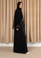 Layali – Black Open-Front Abaya with Intricate White Embroidery on Premium Nidha Fabric