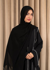 Layali – Black Open-Front Abaya with Intricate White Embroidery on Premium Nidha Fabric