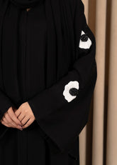 Fleur Noire – Black Open-Front Premium Korean Nidha Abaya with White Floral Embroidery