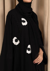 Fleur Noire – Black Open-Front Premium Korean Nidha Abaya with White Floral Embroidery