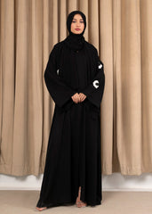 Fleur Noire – Black Open-Front Premium Korean Nidha Abaya with White Floral Embroidery