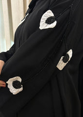 Fleur Noire – Black Open-Front Premium Korean Nidha Abaya with White Floral Embroidery