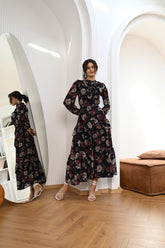 Midnight Blooms Chiffon Printed Maxi Dress (with Stole)