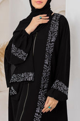 Black Front Open Zipper Abaya – Luxe Nidha Fabric with Embroidery