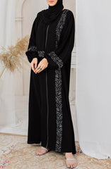 Black Front Open Zipper Abaya – Luxe Nidha Fabric with Embroidery