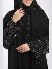 Elegant Black Front-Open Nidha Abaya with Stonework Sleeves & Matching Korean Chiffon Sheila