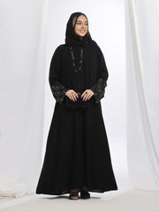 Elegant Black Front-Open Nidha Abaya with Stonework Sleeves & Matching Korean Chiffon Sheila