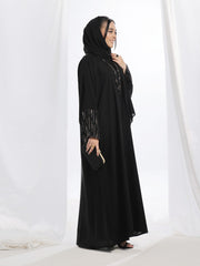 Elegant Black Front-Open Nidha Abaya with Stonework Sleeves & Matching Korean Chiffon Sheila