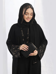 Elegant Black Front-Open Nidha Abaya with Stonework Sleeves & Matching Korean Chiffon Sheila