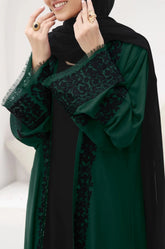Mystical Green Front-Open Abaya with Embroidered Sleeves
