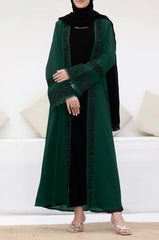Mystical Green Front-Open Abaya with Embroidered Sleeves