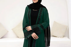 Mystical Green Front-Open Abaya with Embroidered Sleeves
