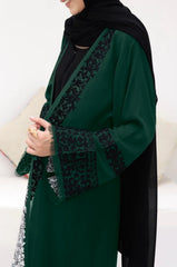 Mystical Green Front-Open Abaya with Embroidered Sleeves