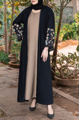 Black & Beige Coat Style Abaya – Luxe Nidha Fabric with Embroidery