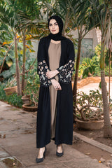 Black & Beige Coat Style Abaya – Luxe Nidha Fabric with Embroidery