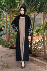 Black & Beige Coat Style Abaya – Luxe Nidha Fabric with Embroidery