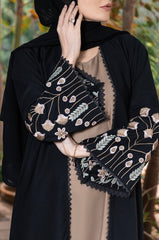 Black & Beige Coat Style Abaya – Luxe Nidha Fabric with Embroidery