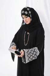 Elegant Black Nidha Abaya with White Embroidery – Front Open Style