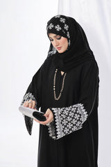 Elegant Black Nidha Abaya with White Embroidery – Front Open Style