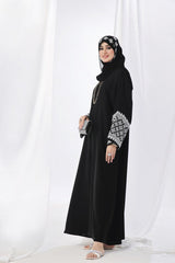 Elegant Black Nidha Abaya with White Embroidery – Front Open Style