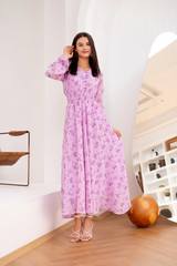 Purple Floral Print Boho Long Dresses Puff Long Sleeve V-Neck Vintage Beach
