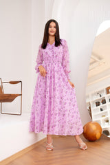 Purple Floral Print Boho Long Dresses Puff Long Sleeve V-Neck Vintage Beach