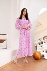 Purple Floral Print Boho Long Dresses Puff Long Sleeve V-Neck Vintage Beach