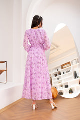 Purple Floral Print Boho Long Dresses Puff Long Sleeve V-Neck Vintage Beach