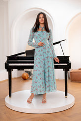 Blue Ocean Breeze Blossom Maxi Chiffon Printed Dress