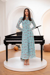 Blue Ocean Breeze Blossom Maxi Chiffon Printed Dress