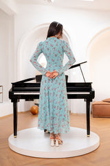 Blue Ocean Breeze Blossom Maxi Chiffon Printed Dress