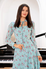 Blue Ocean Breeze Blossom Maxi Chiffon Printed Dress