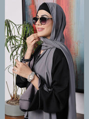 Nusrat – Black Front Open Abaya with Embroidered Bodice & Korean Chiffon Sheila