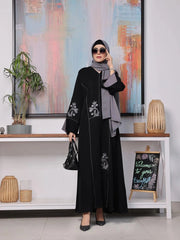 Nusrat – Black Front Open Abaya with Embroidered Bodice & Korean Chiffon Sheila