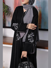 Nusrat – Black Front Open Abaya with Embroidered Bodice & Korean Chiffon Sheila