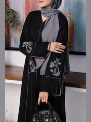 Nusrat – Black Front Open Abaya with Embroidered Bodice & Korean Chiffon Sheila
