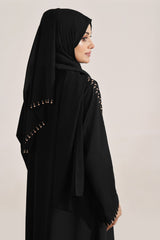 Sage Willow – Black Front-Open Abaya with Stonework Sleeves & Chiffon Sheila