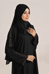 Sage Willow – Black Front-Open Abaya with Stonework Sleeves & Chiffon Sheila