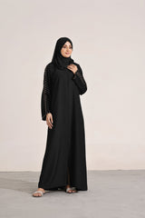 Sage Willow – Black Front-Open Abaya with Stonework Sleeves & Chiffon Sheila