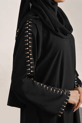 Sage Willow – Black Front-Open Abaya with Stonework Sleeves & Chiffon Sheila