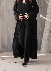 Black Beadwork Gown abaya – Straight-Cut Open-Front with Hidden Buttons