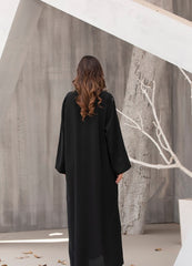 Black Beadwork Gown abaya – Straight-Cut Open-Front with Hidden Buttons